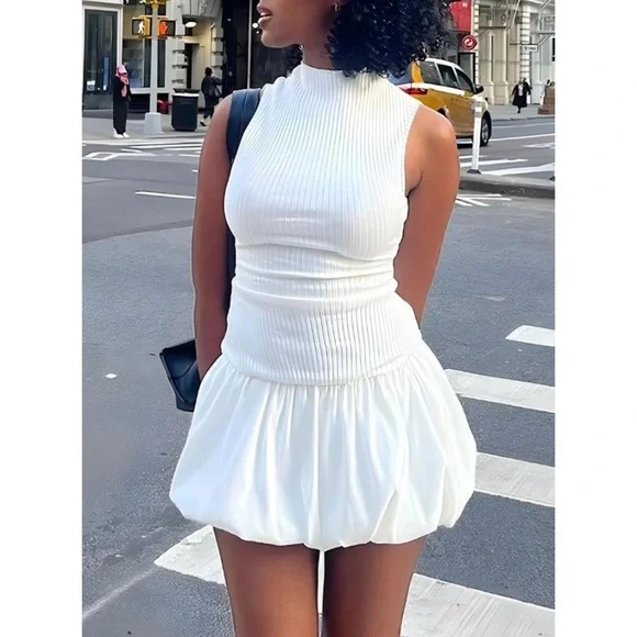 Zara ribbed bubble balloon dress white